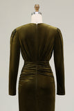 Olive Velvet Long Sleeve Bodycon Midi Formal Dress