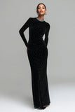 Sparkly High Neck Sheath Black Velvet Formal Dress