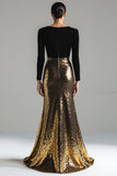 Glitter Gold and Black Mermaid V-Neck Evening Dress With Long Sleeves