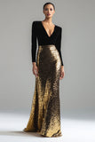 Glitter Gold and Black Mermaid V-Neck Evening Dress With Long Sleeves