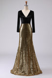 Glitter Gold and Black Mermaid V-Neck Evening Dress With Long Sleeves