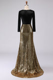 Glitter Gold and Black Mermaid V-Neck Evening Dress With Long Sleeves