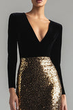 Glitter Gold and Black Mermaid V-Neck Evening Dress With Long Sleeves