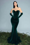 Strapless Corset Velvet Dark Green Mermaid Formal Dress