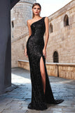 One Shoulder Sheath Black Evening Dress with Slit