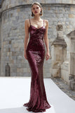 Sparkly Burgundy Mermaid Spaghetti Straps Evening Dress