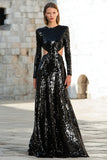 Sparkly Long Sleeve A Line Cut Out Black Evening Dress