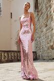 Sparkly Pink Sheath Spaghetti Straps Evening Dress