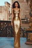 Gold Sequin Scoop Neck Sheath Evening Dress