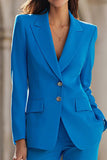 Blue 2 Piece Peak Lapel Single Breasted Slim Fit Women Suits