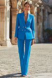 Blue 2 Piece Slim Fit Peak Lapel Double Breasted Women Suits