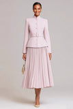 Light Pink Pleated A-Line Single Breasted 2 Piece Work Dress With Belt