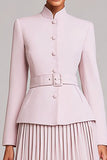 Light Pink Pleated A-Line Single Breasted 2 Piece Work Dress With Belt