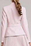 Light Pink Pleated A-Line Single Breasted 2 Piece Work Dress With Belt