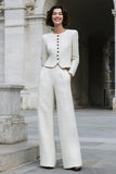 2 Piece Ivory Tweed Single Breasted Women Suits With Pockets