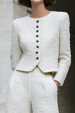 2 Piece Ivory Tweed Single Breasted Women Suits With Pockets