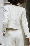 2 Piece Ivory Tweed Single Breasted Women Suits With Pockets