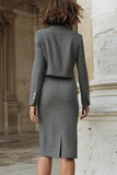 Grey Mix Tweed Pencil Single Breasted 2 Piece Midi Work Dress