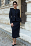 Black Mix Pencil 2 Piece Single Breasted Tweed Work Dress