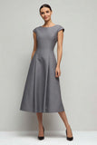 Grey A-Line Midi Work Dress with Cap Sleeves
