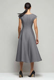 Grey A-Line Midi Work Dress with Cap Sleeves