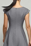 Grey A-Line Midi Work Dress with Cap Sleeves