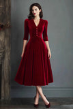 Velvet Burgundy A Line Midi Formal Dress