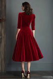 Velvet Burgundy A Line Midi Formal Dress