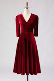 Velvet Burgundy A Line Midi Formal Dress
