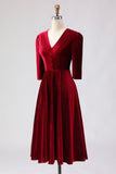 Velvet Burgundy A Line Midi Formal Dress