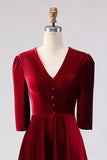 Velvet Burgundy A Line Midi Formal Dress