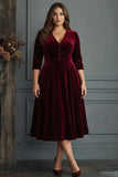 Burgundy A Line Velvet V-Neck Plus Size Midi Formal Dress with Sleeves