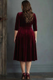 Burgundy A Line Velvet V-Neck Plus Size Midi Formal Dress with Sleeves