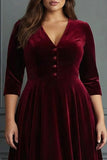 Burgundy A Line Velvet V-Neck Plus Size Midi Formal Dress with Sleeves