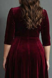 Burgundy A Line Velvet V-Neck Plus Size Midi Formal Dress with Sleeves