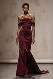Burgundy Mermaid Off The Shoulder Satin Evening Dress