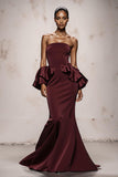 Strapless Burgundy Mermaid Ruffled Long Evening Dress
