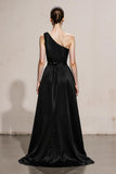 One Shoulder Black and White A Line Evening Dress