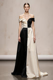 Off the Shoulder A-Line Black and White Evening Dress