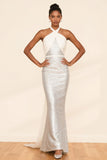 White Mermaid Halter Cut Out Sequin Evening Dress