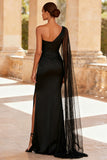 One Shoulder Black Sheath Evening Dress with Cape