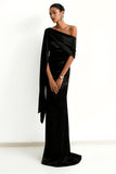 Black One Shoulder Sheath Ruched Evening Dress with Cape