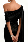 Black One Shoulder Sheath Ruched Evening Dress with Cape