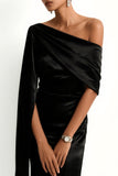 Black One Shoulder Sheath Ruched Evening Dress with Cape