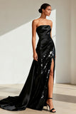Black Strapless A Line Evening Dress with Slit