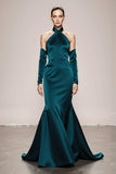 Mermaid Halter Satin Peacock Green Holiday Party Dress
