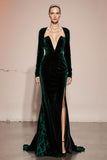 Dark Green Velvet Mermaid Long Sleeve Holiday Party Dress