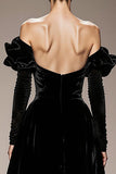 Off the Shoulder Black Velvet A Line Holiday Party Dress