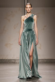 One Shoulder Velvet A Line Mint Green Holiday Party Dress