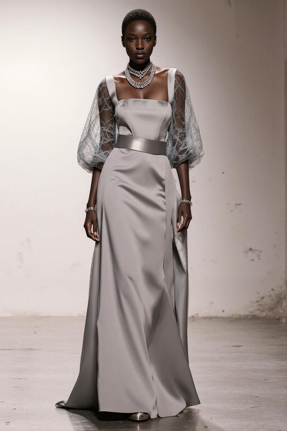 WEDTREND Women Silver Holiday Party Dress with Sash 3/4 Sleeve A Line Square Neck Satin Evening Dress Wedtrend UK WEDTREND Women Silver Holiday Party Dress with Sash 3/4 Sleeve A Line Square Neck Satin Evening Dress Wedtrend UK